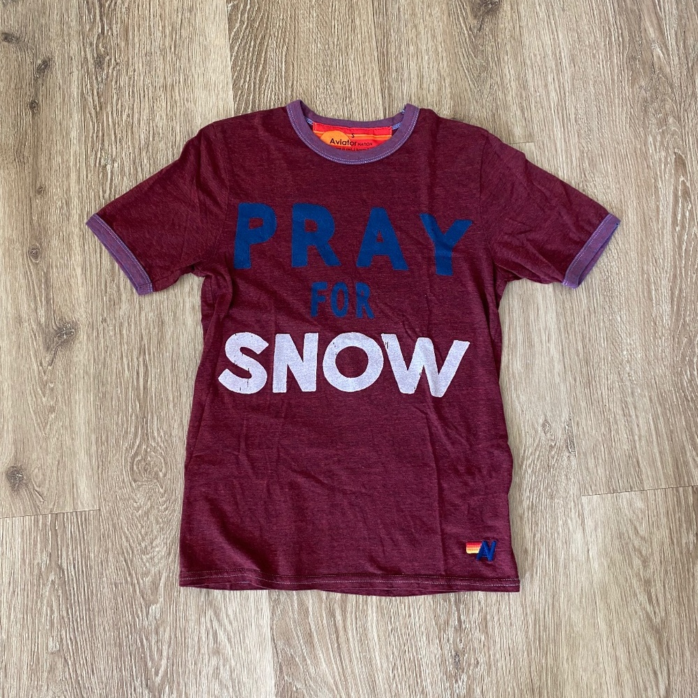 Aviator Nation 'Pray for Snow' Maroon Tee with Blue & White Lettering